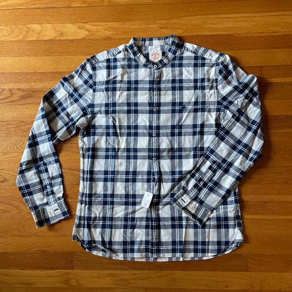 Brooks Brother's Men's Red Fleece Banded Collar Indigo Plaid Shirt - Picture 4 of 11